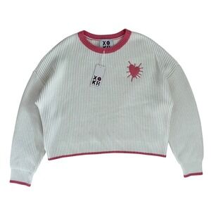 NWT XOKR Kerri Rosenthal Ribbed White & Pink Trim Heart Crew Neck Sweater SZ XL